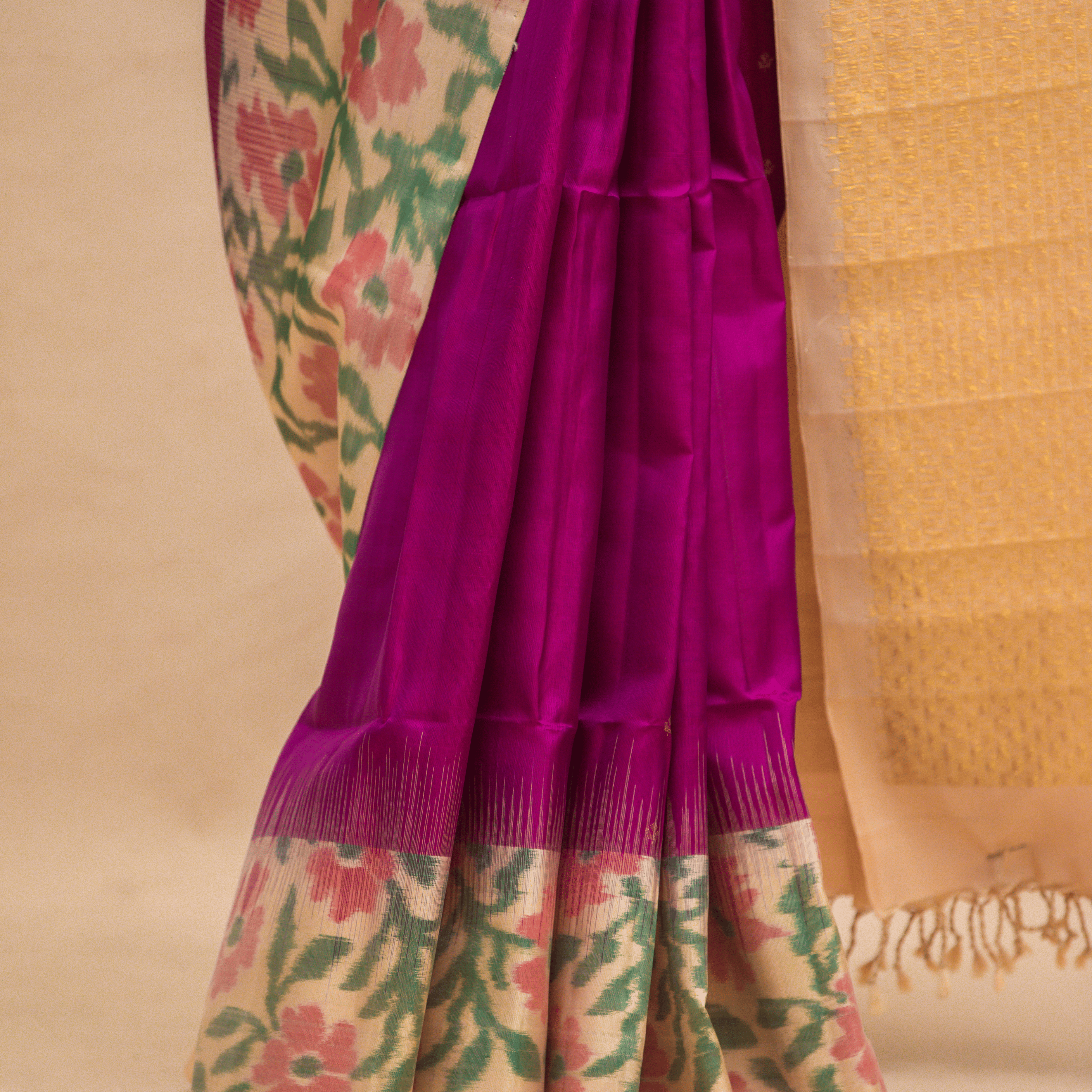purple with cream pachampalli border with unstiched blouse