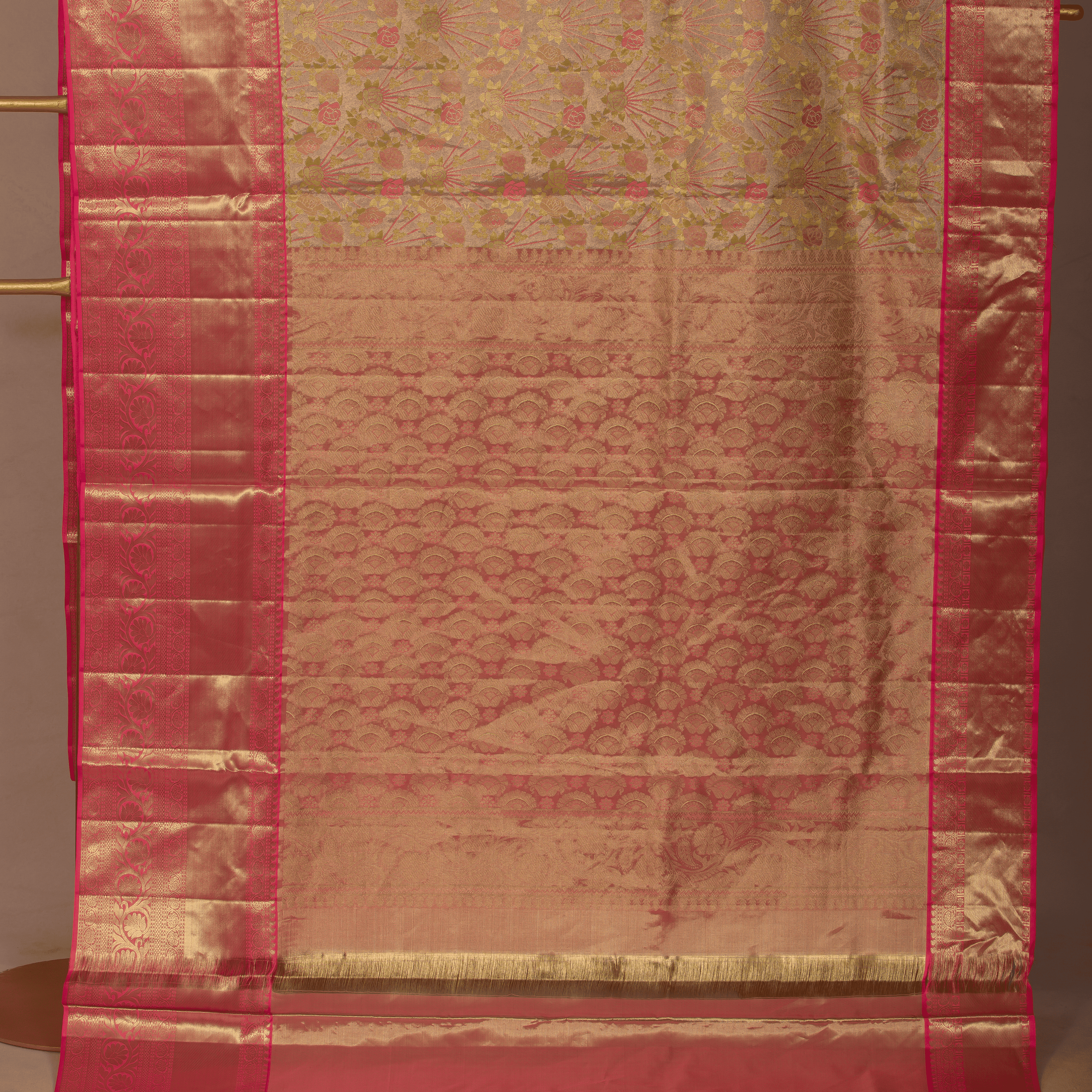 Light Pink & flower  Embos Body Design & Pink Border With Unstiched Blouse