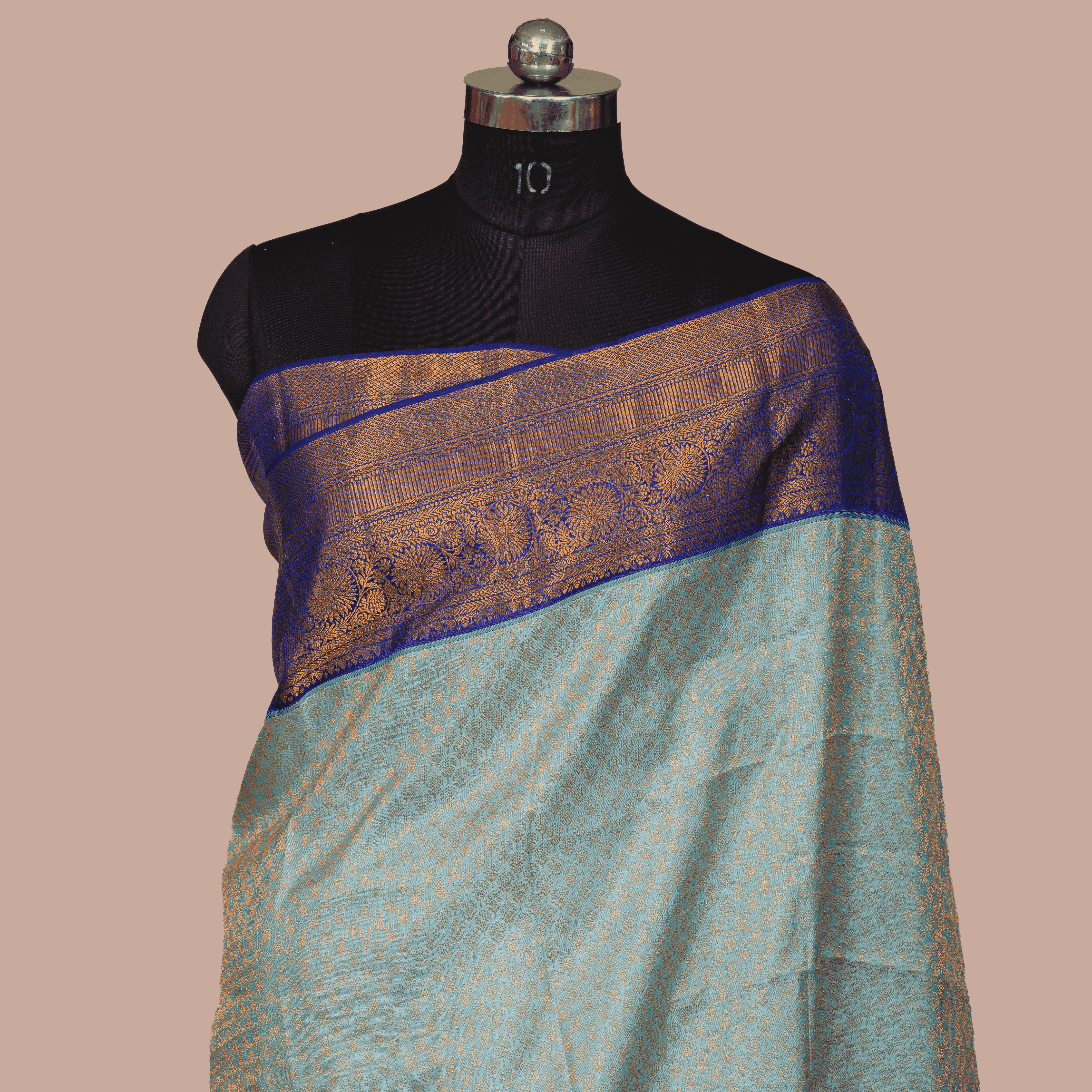 Sky Blue-Violet Saree with Gold Emboss & Pepsi Border