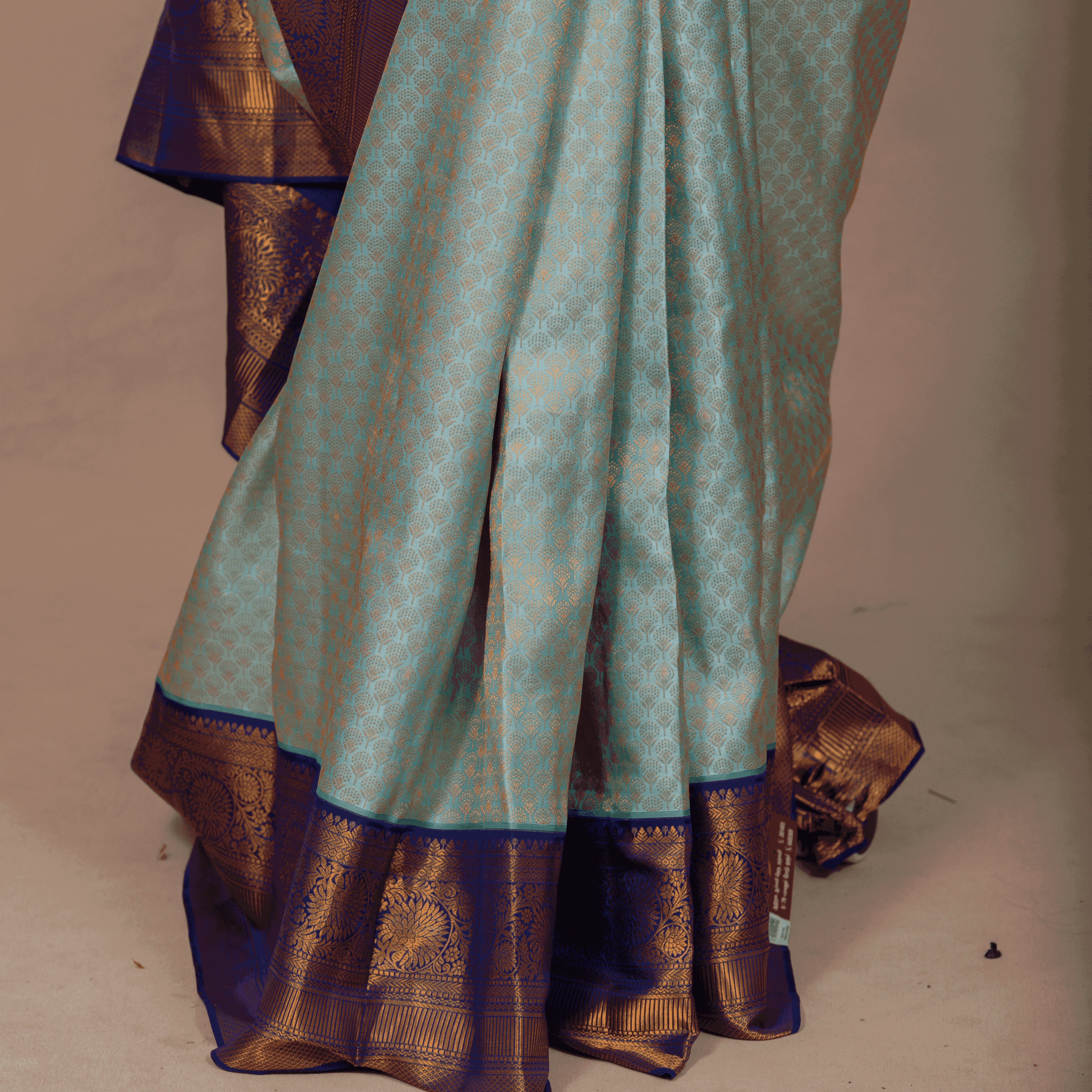 Sky Blue-Violet Saree with Gold Emboss & Pepsi Border