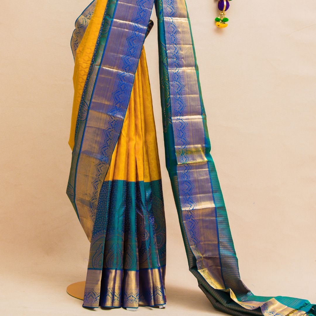 yellow & peacock blue long border with unstiched blouse