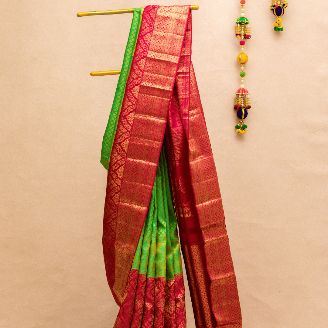 pista green & pink long border with unstiched blouse