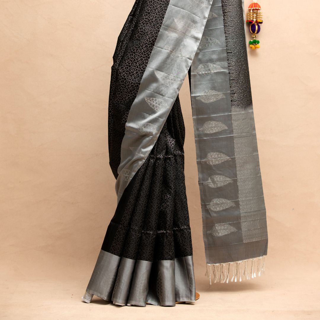 Black with Gray Border with Unstitched Blouse