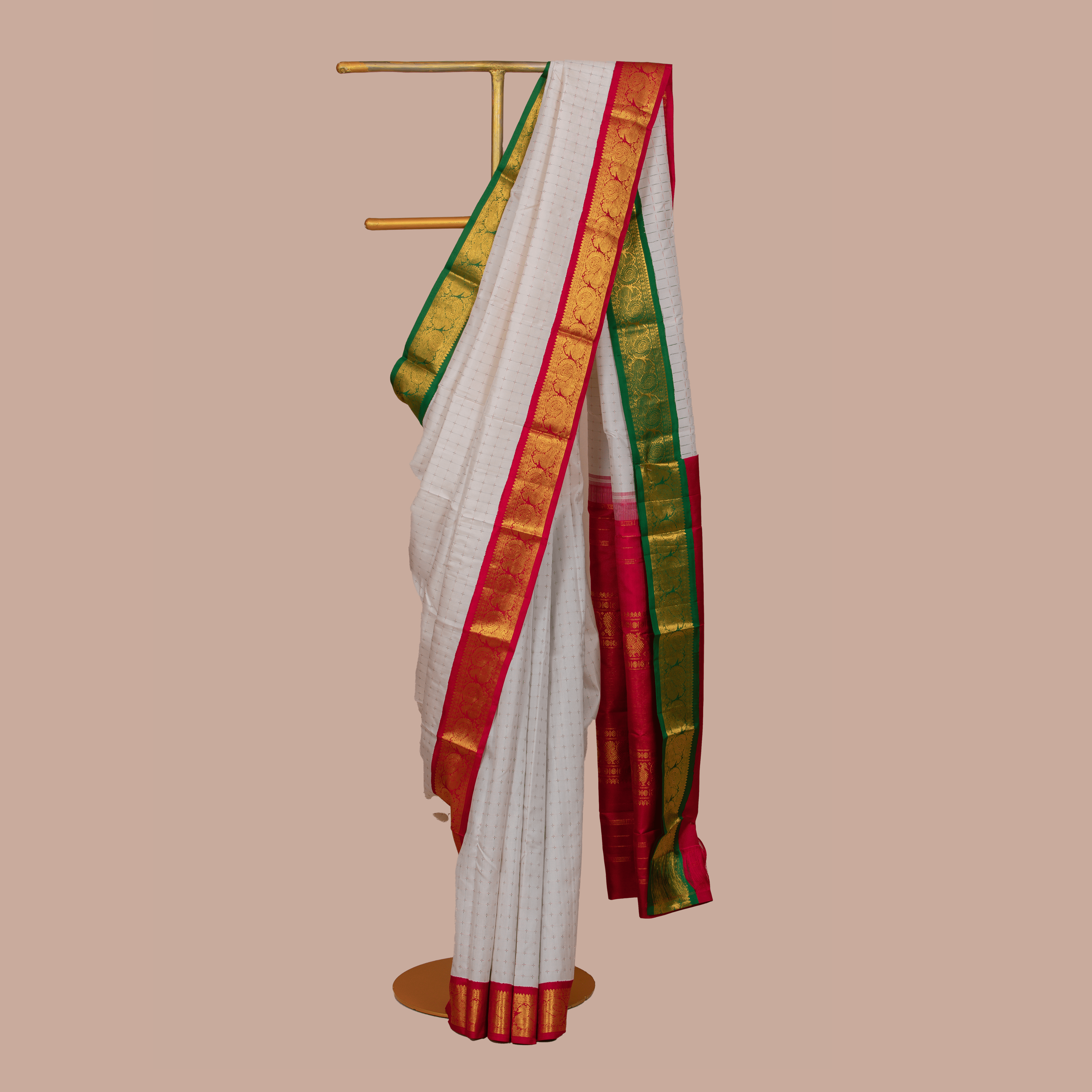 White & Embos Body Design & maroon Short Border With Unstiched Blouse