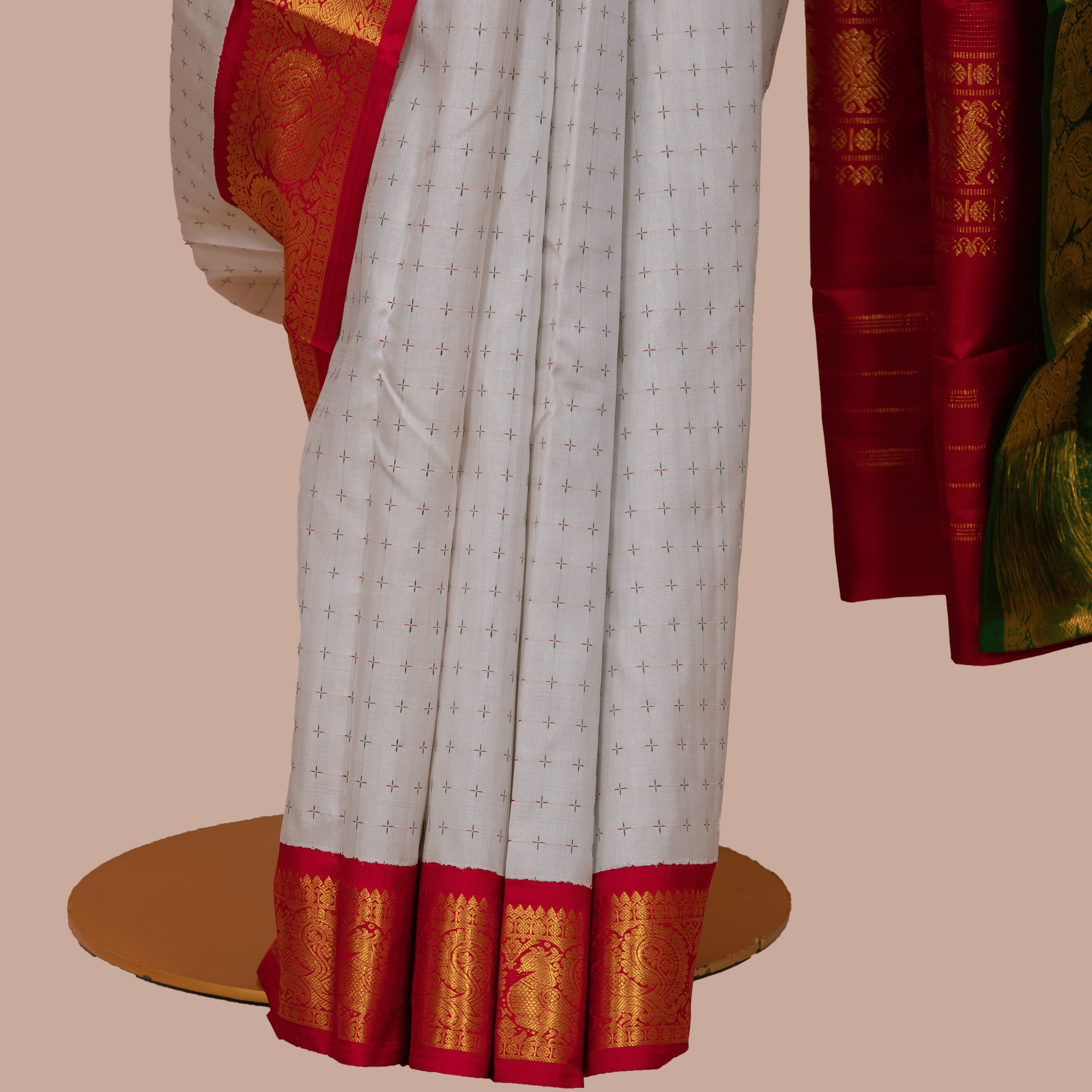 White & Embos Body Design & maroon Short Border With Unstiched Blouse