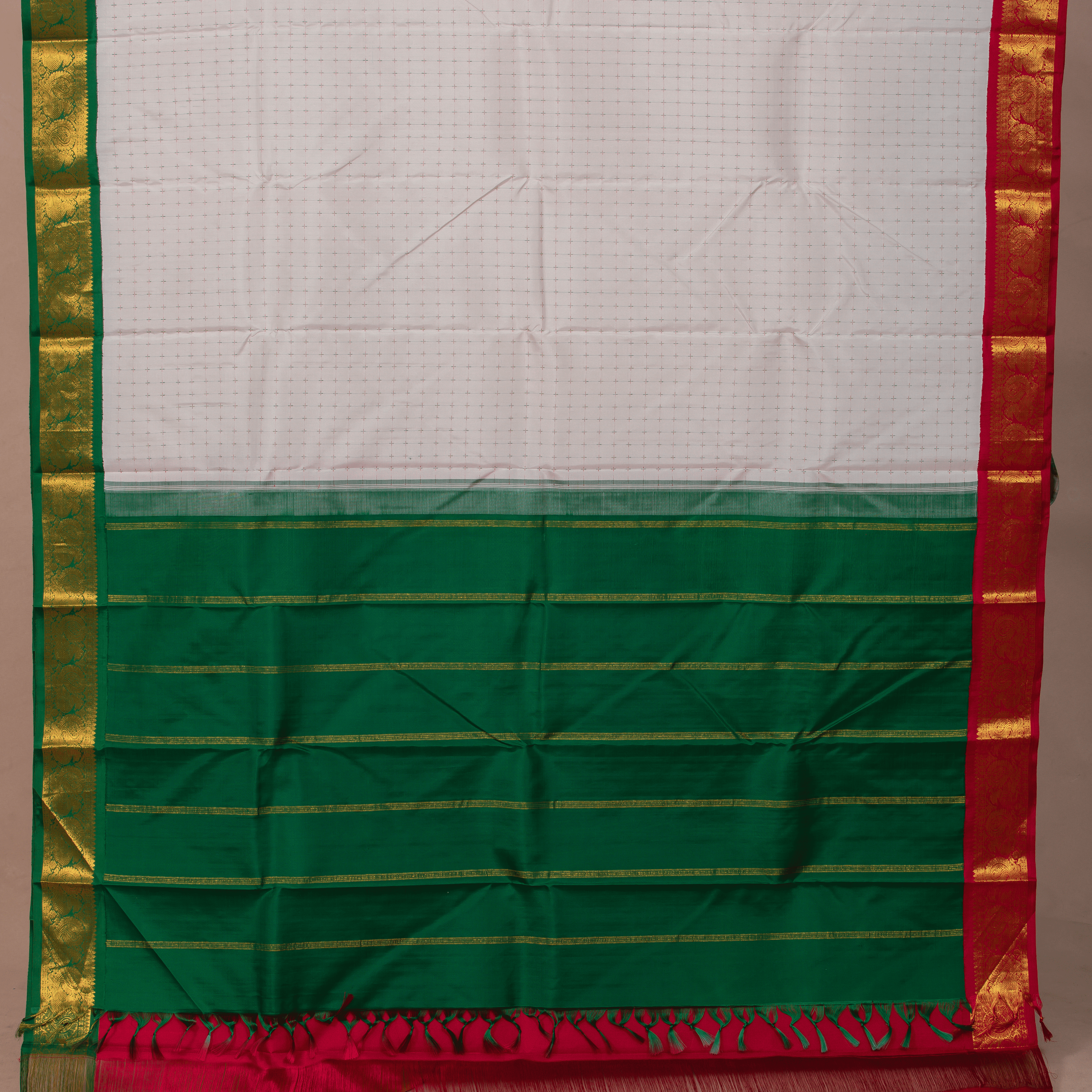 White Saree with Emboss Body & Maroon Border