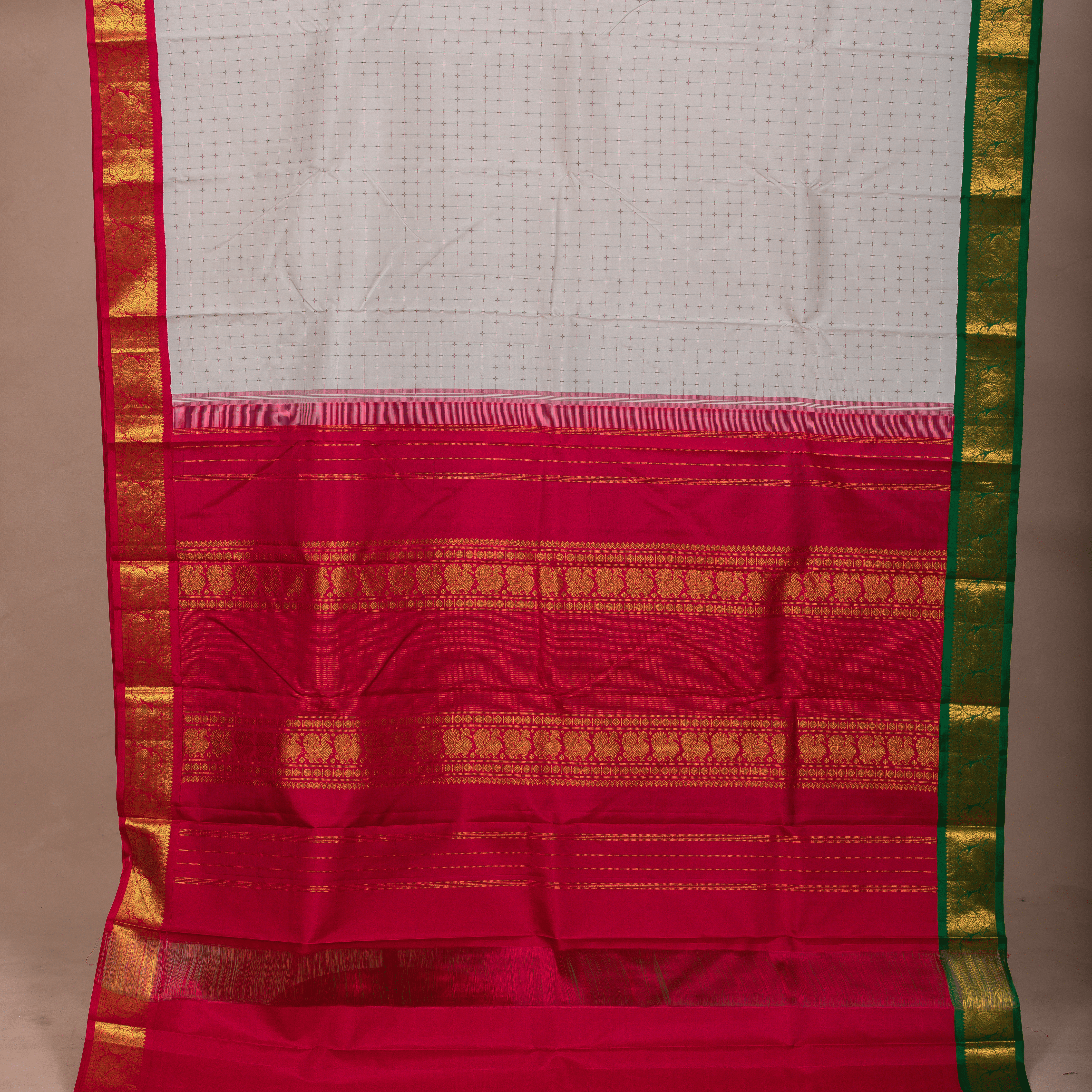 White Saree with Emboss Body & Maroon Border