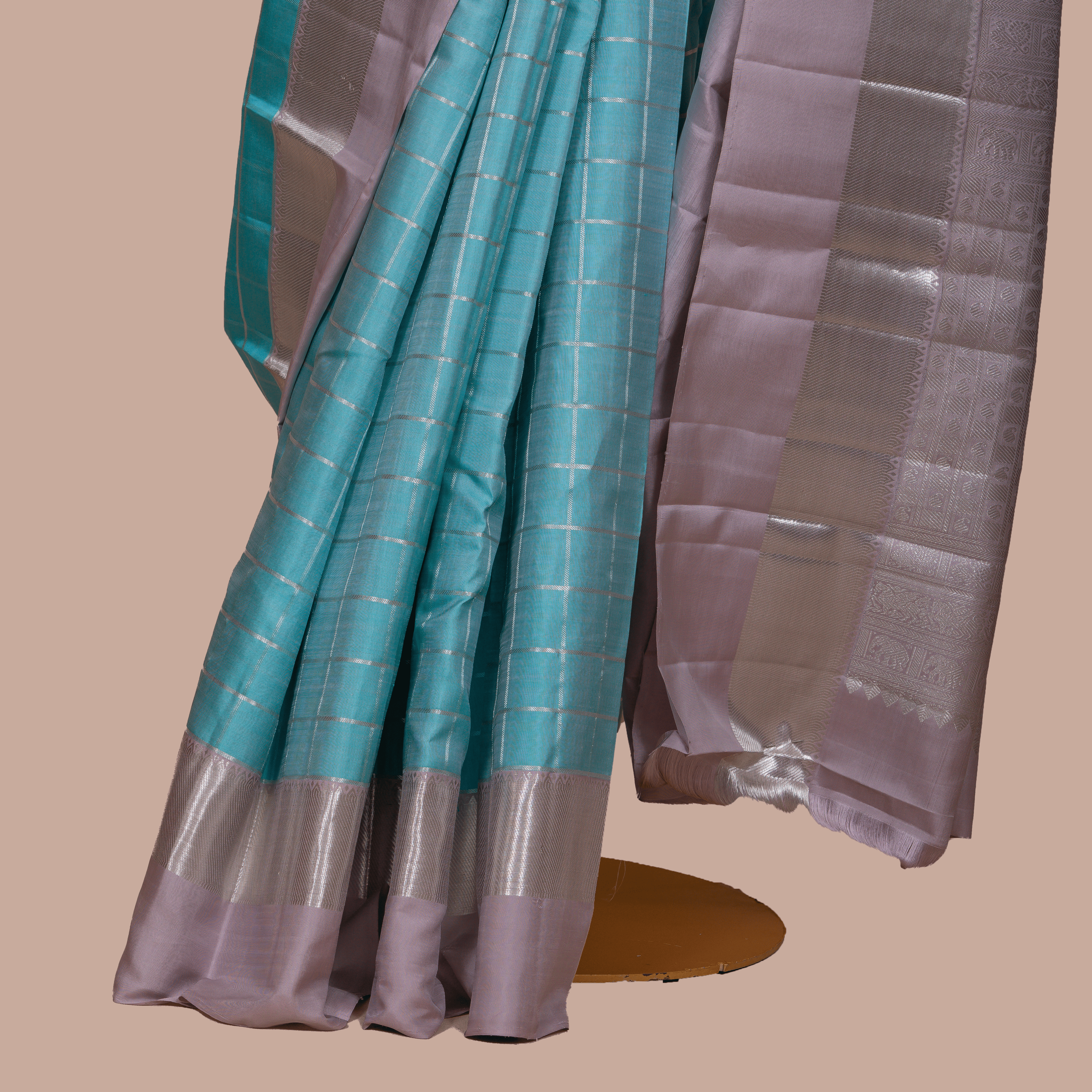 Elegant Sky Blue Silver Checked Saree