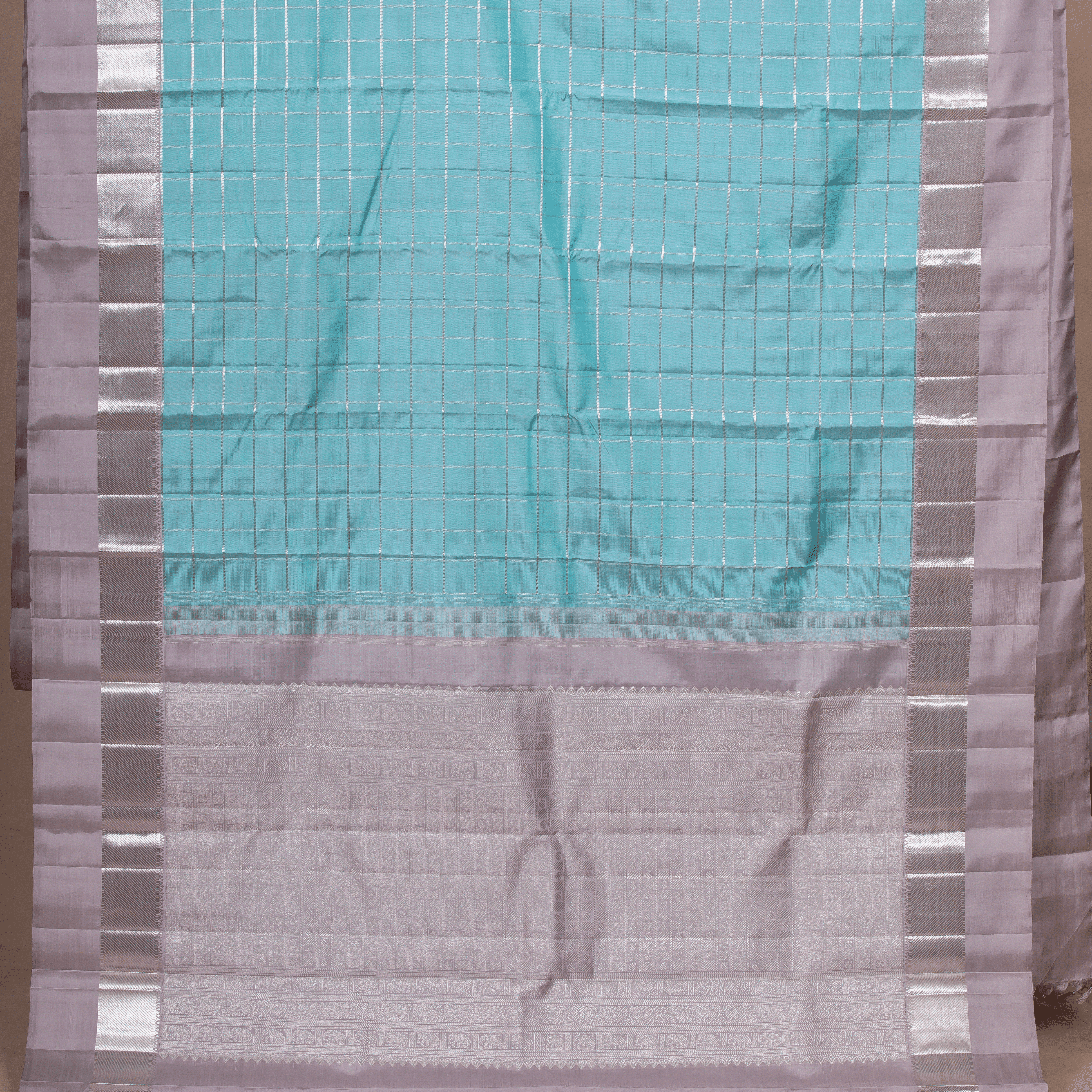 Sky blue & silver & Checked Body Design & Silver Border Design With Unstiched Blouse