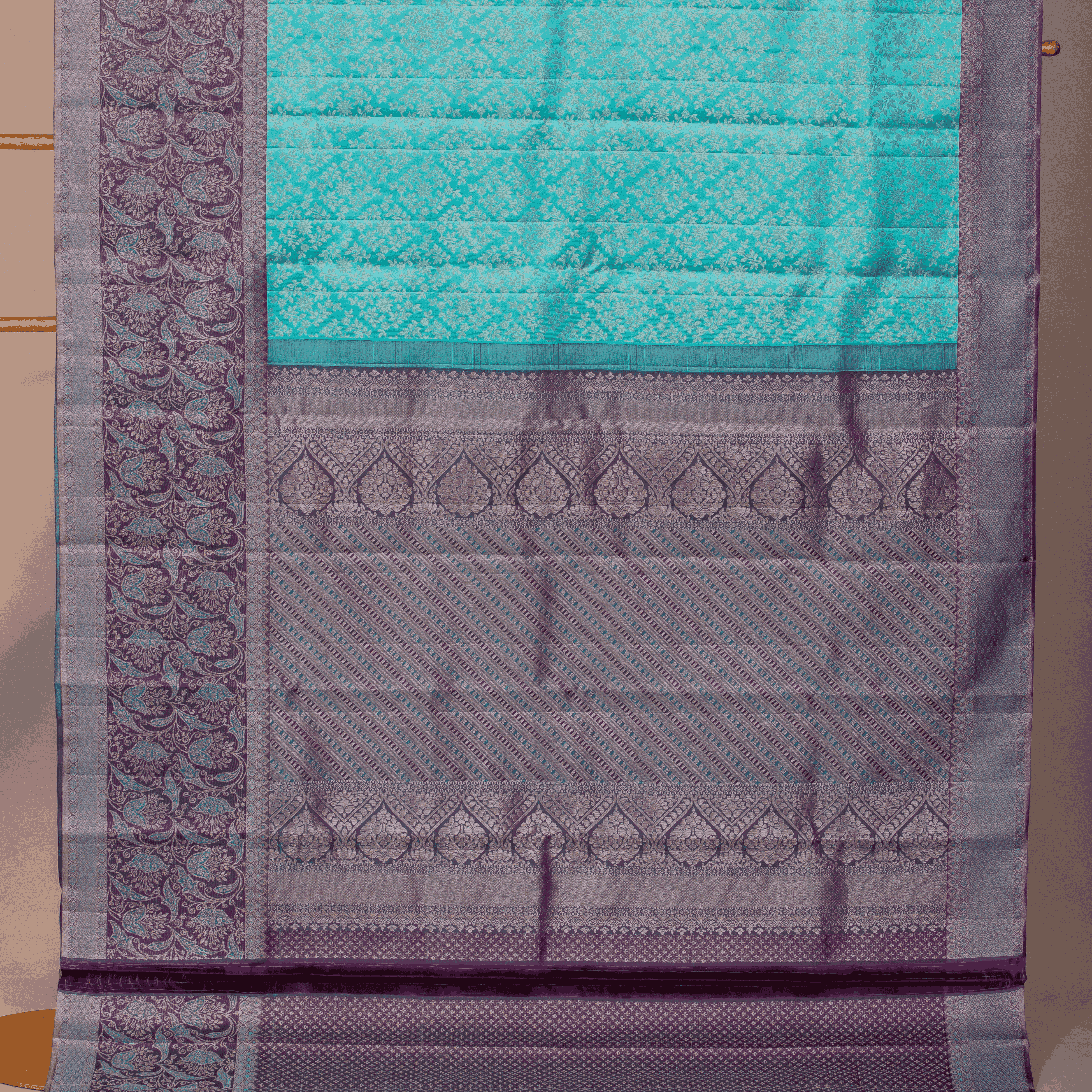 Celestial Emboss – Sky Blue Saree with Silver-Violet Edge