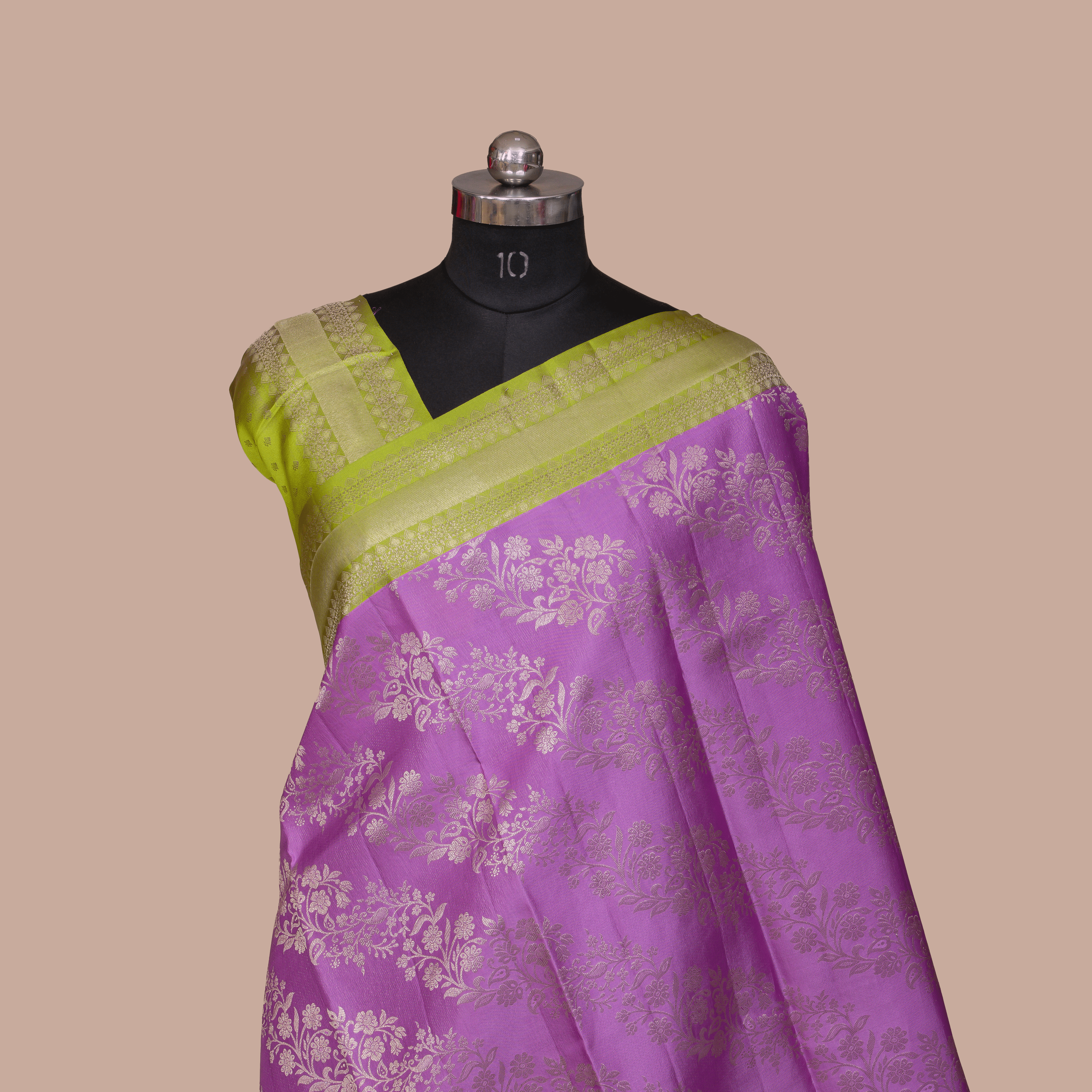 Violet & Silver flower Embos Body Design & Light Green Long Border With Unstiched Blouse
