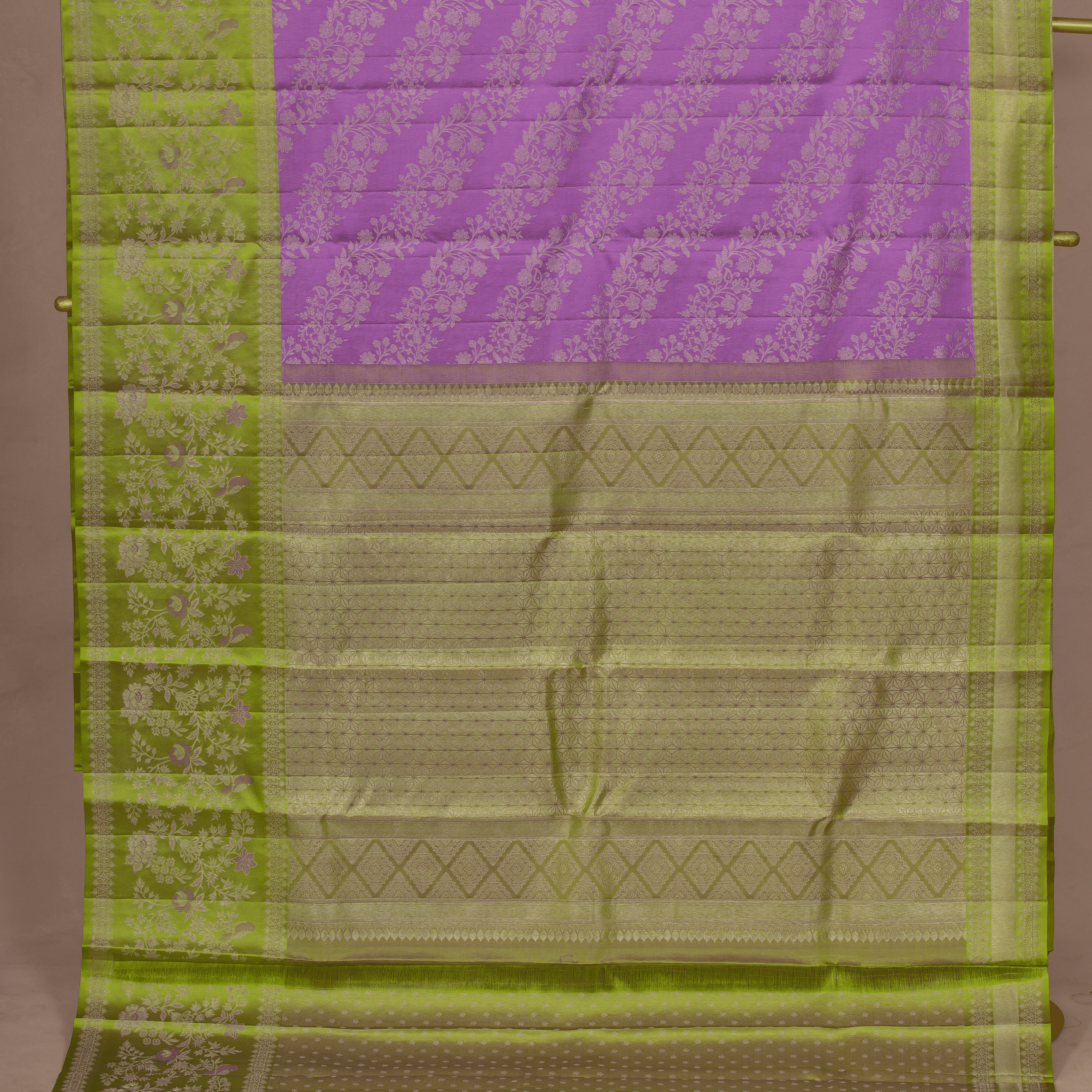 Violet & Silver flower Embos Body Design & Light Green Long Border With Unstiched Blouse