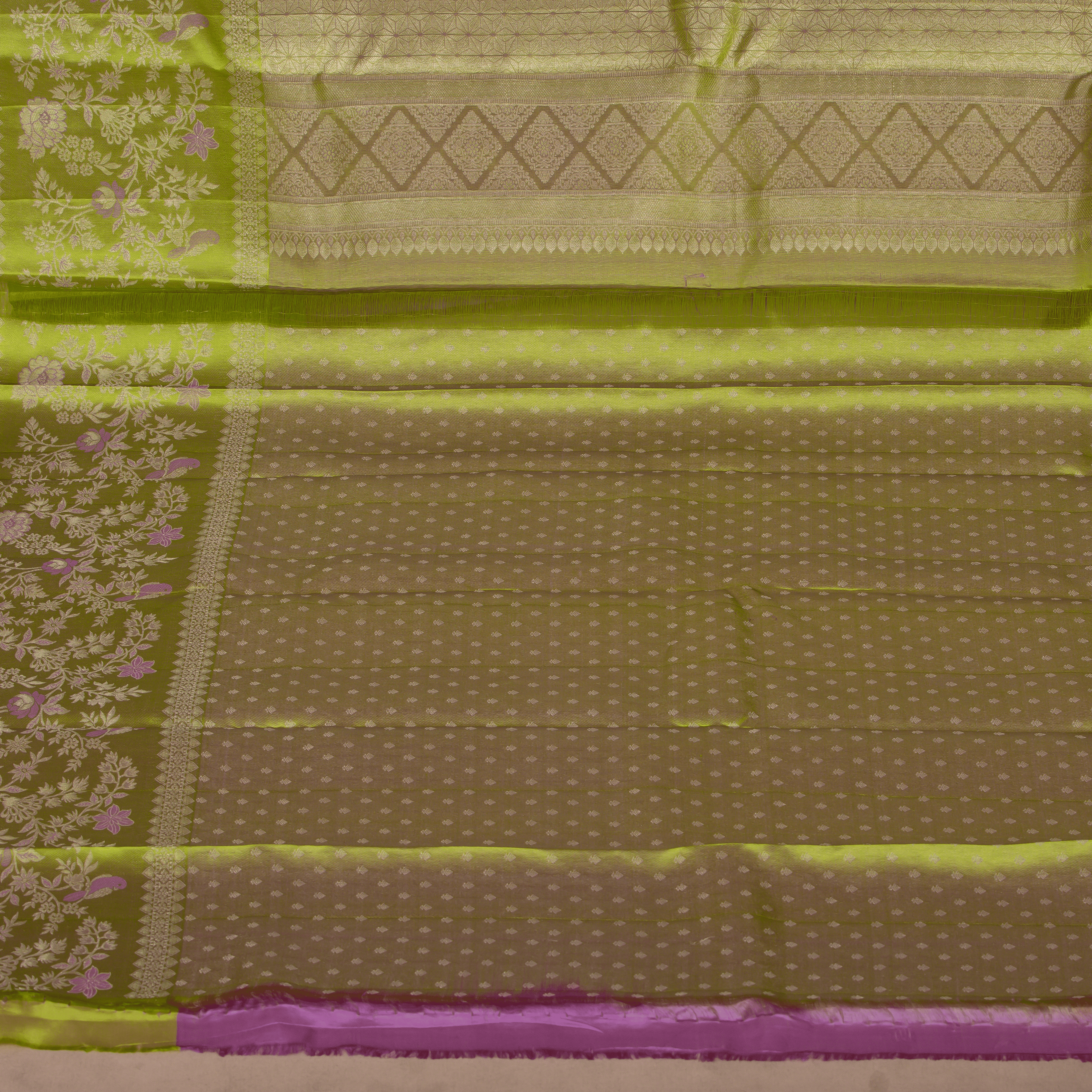 Violet & Silver flower Embos Body Design & Light Green Long Border With Unstiched Blouse