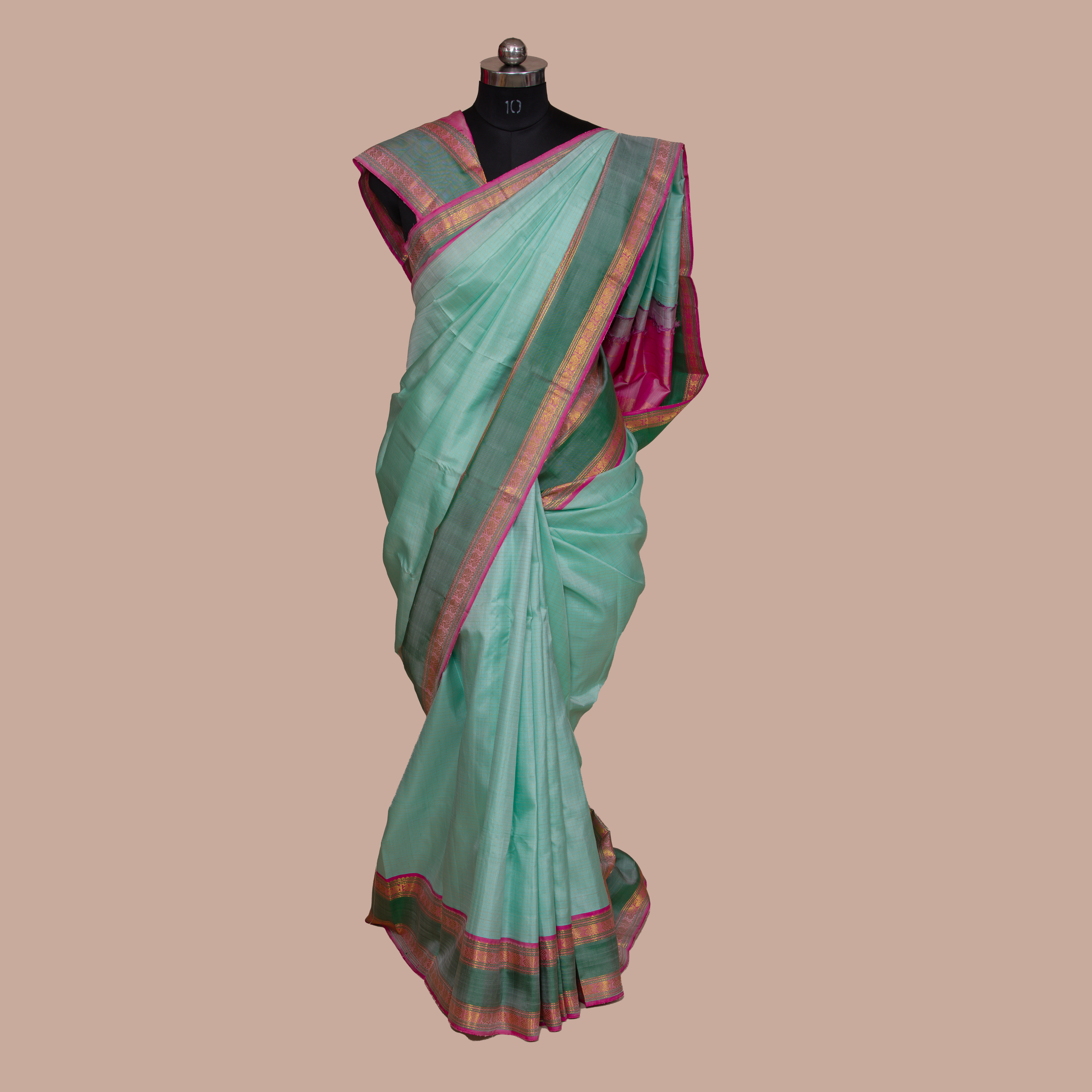 Elegant Seafoam Green Checked Saree