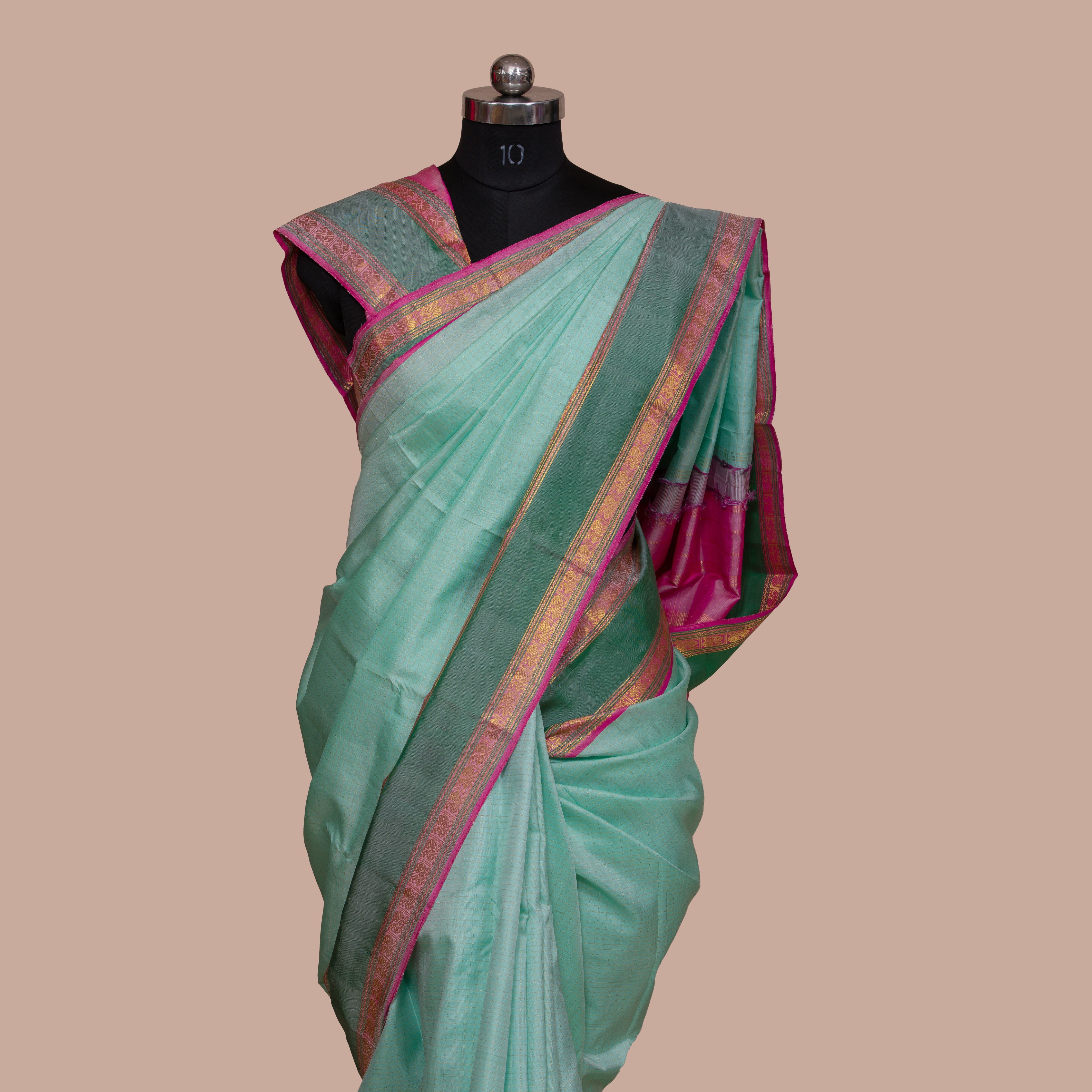 Seaform Green & Checked body Design & Pink Long Border With Unstiched Blouse