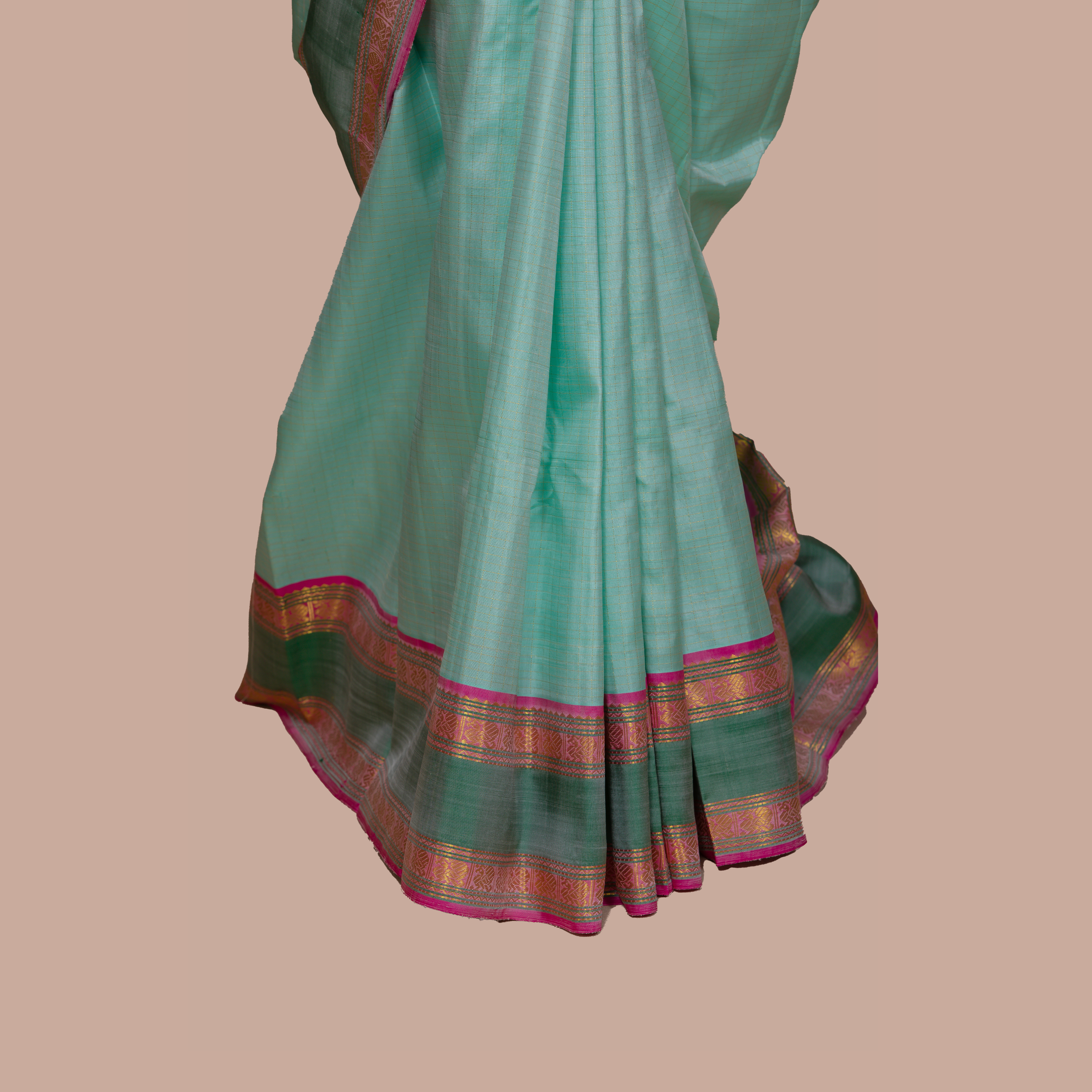 Elegant Seafoam Green Checked Saree