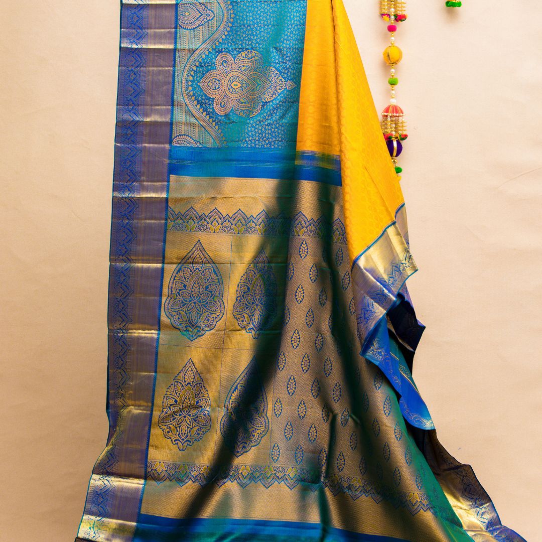 yellow & peacock blue long border with unstiched blouse