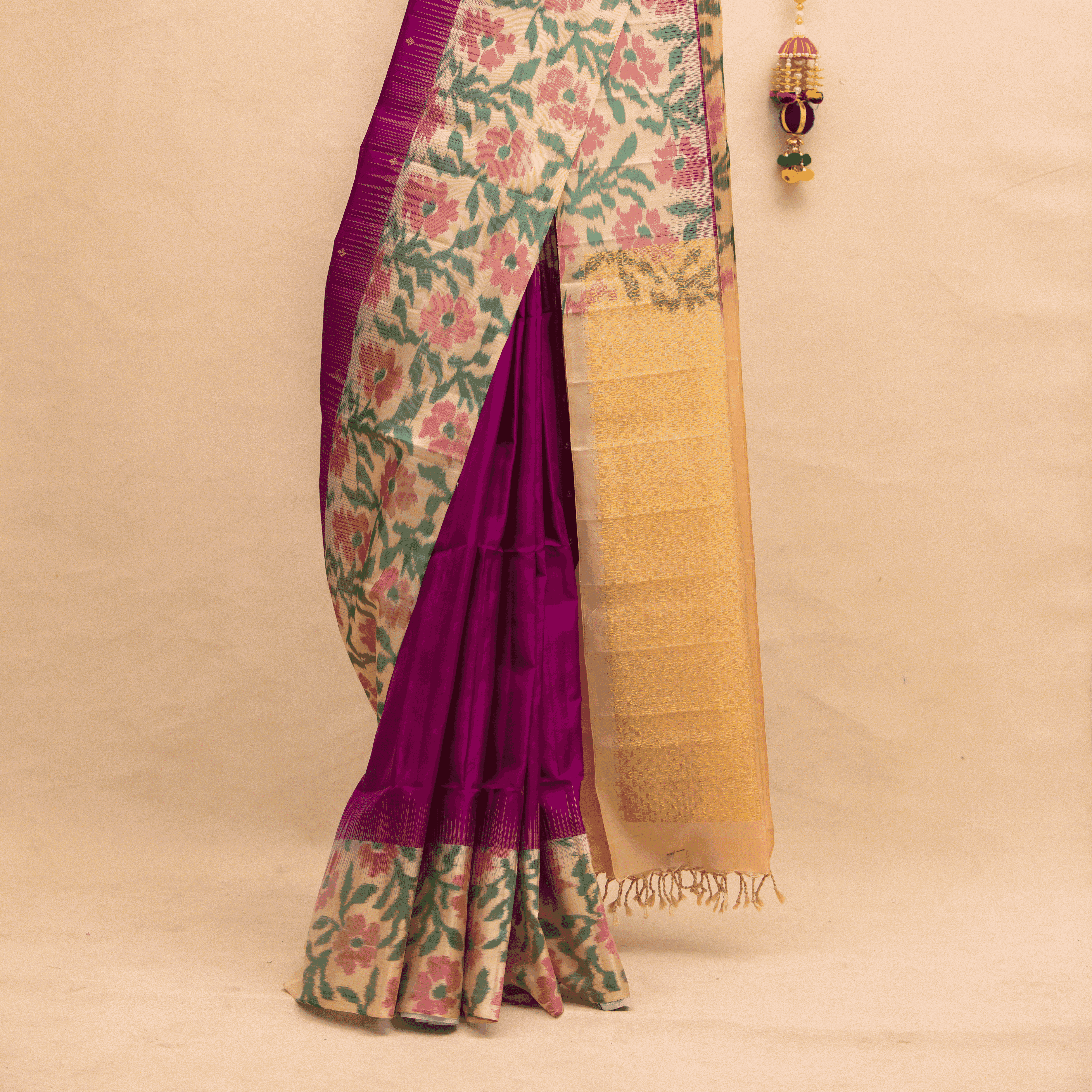 purple with cream pachampalli border with unstiched blouse