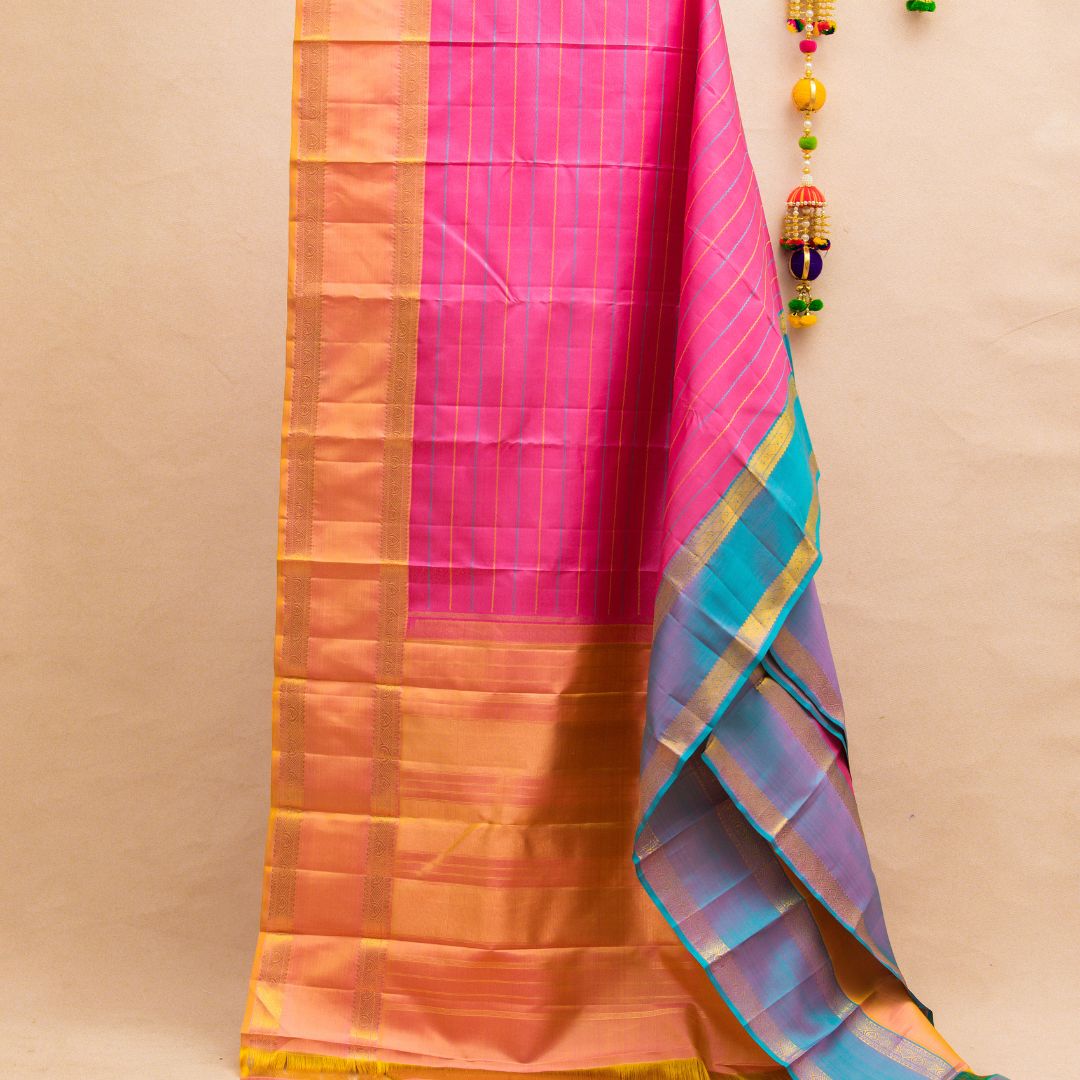 pink up side blue down side gold border with unstiched blouse