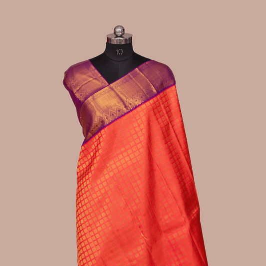 Red Orange & embose Body Design & Medium Violet Border With Unstiched Blouse