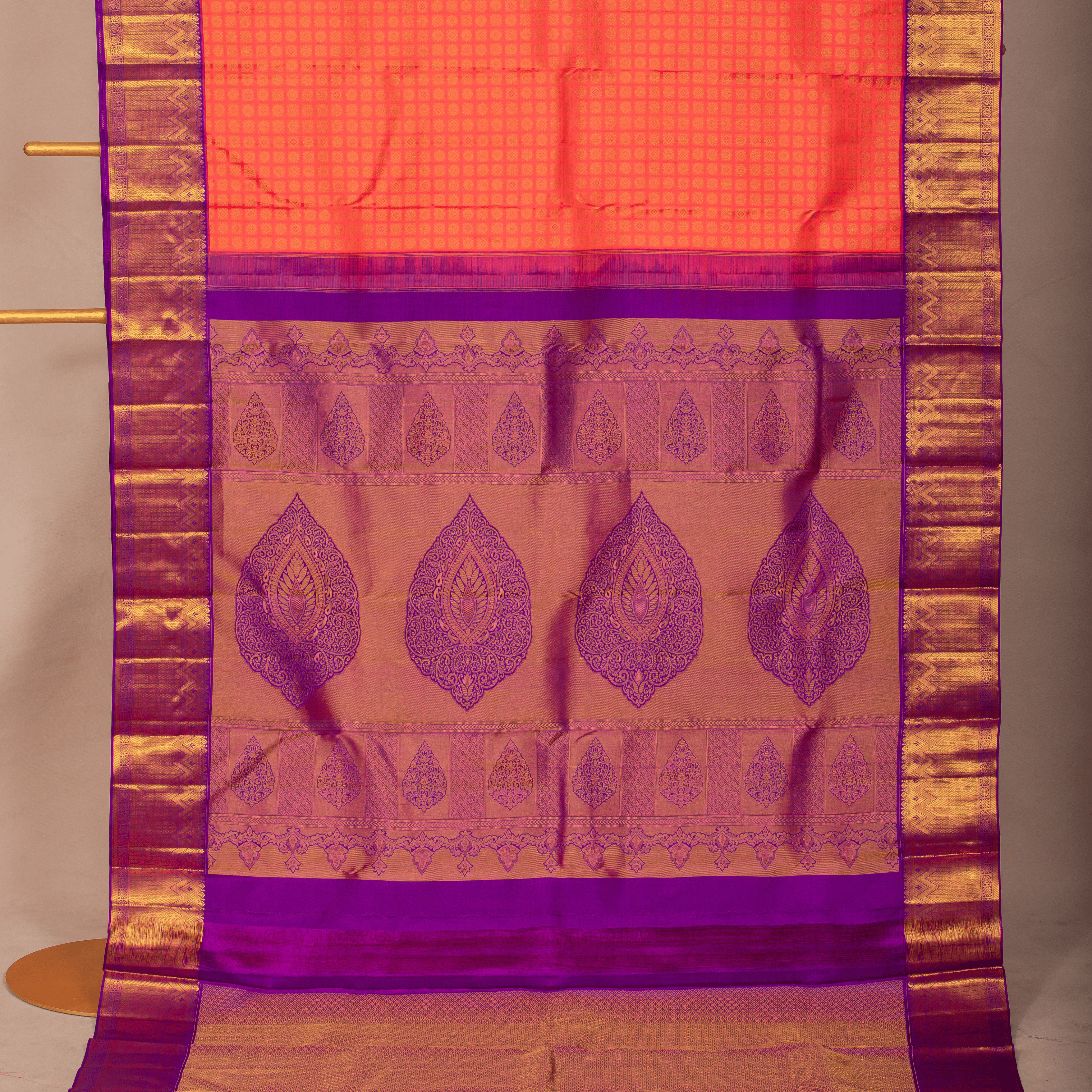 Elegant Red-Orange Saree with Violet Border (Blouse Piece)