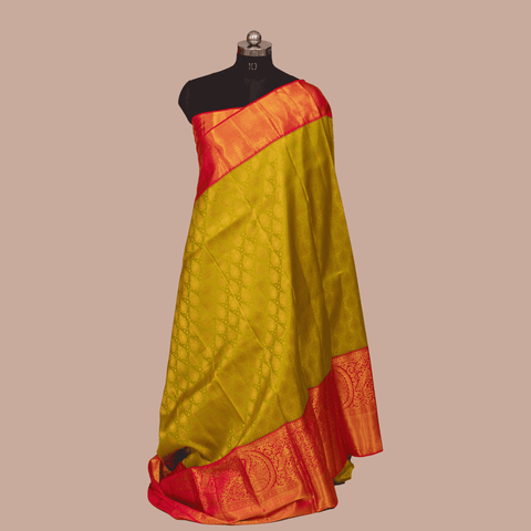 Lemon Yellow & gold leaf Embos Body Design Rani Pink Border & With Unstitched Blouse