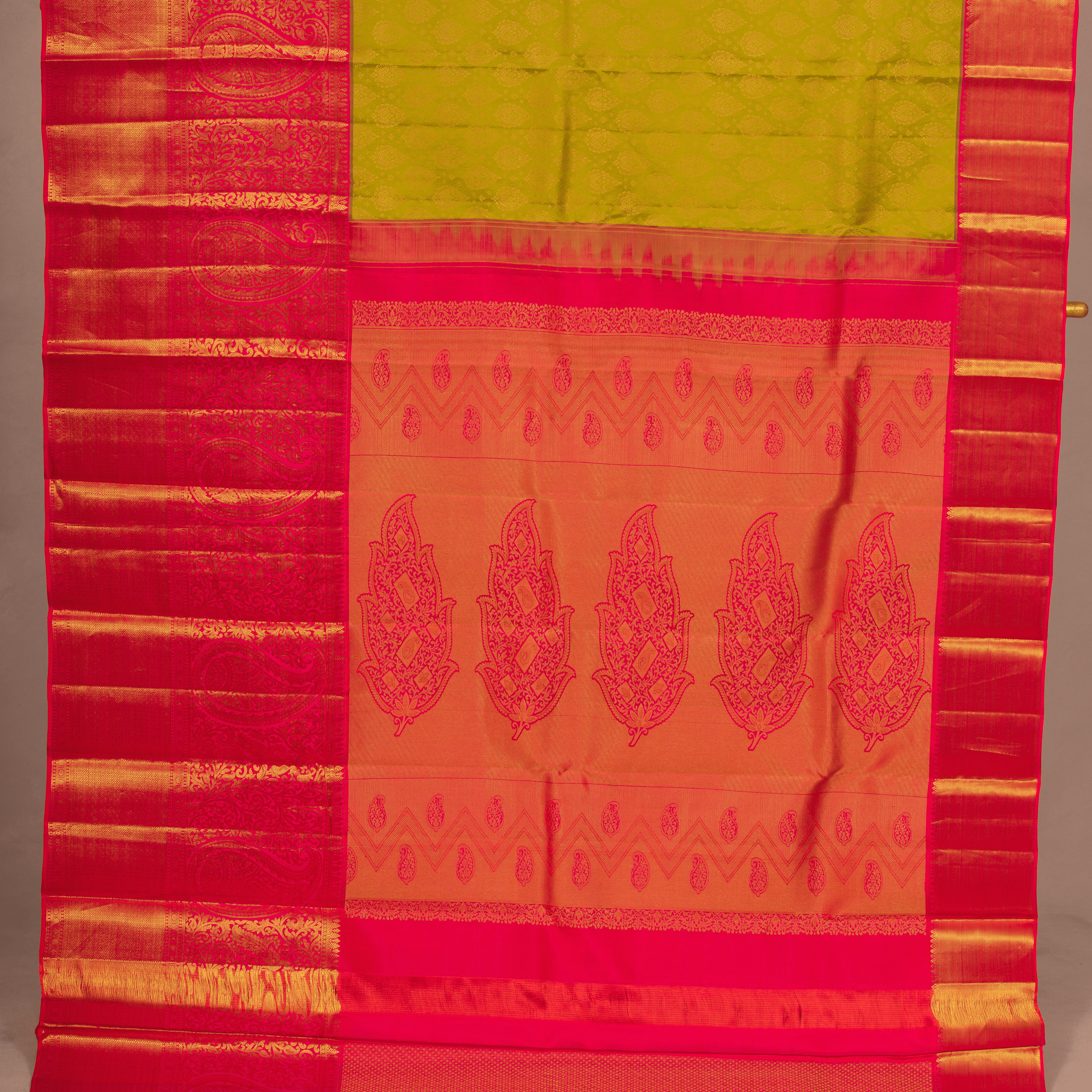 Lemon Yellow & gold leaf Embos Body Design Rani Pink Border & With Unstiched Blouse