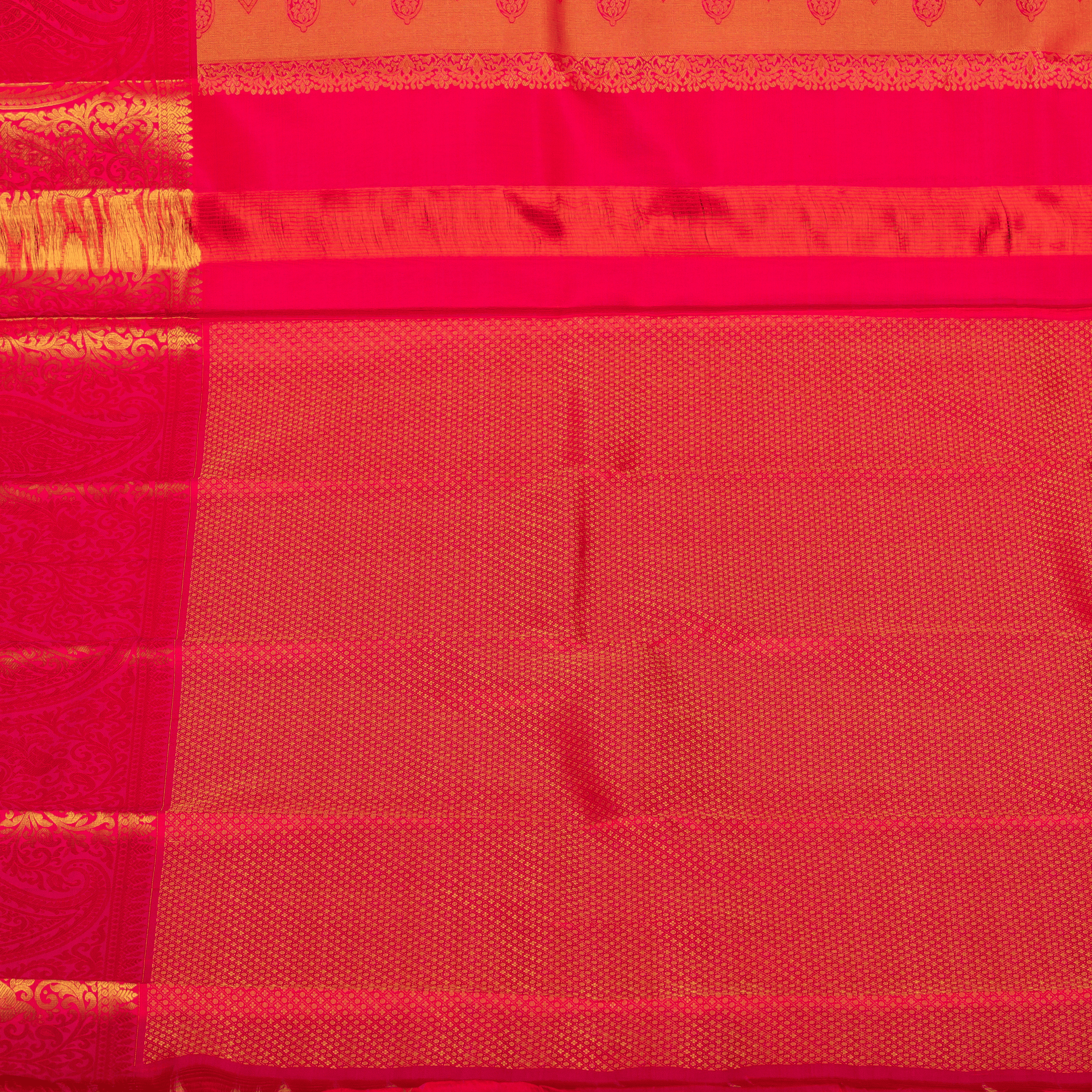 Lemon Yellow & gold leaf Embos Body Design Rani Pink Border & With Unstiched Blouse