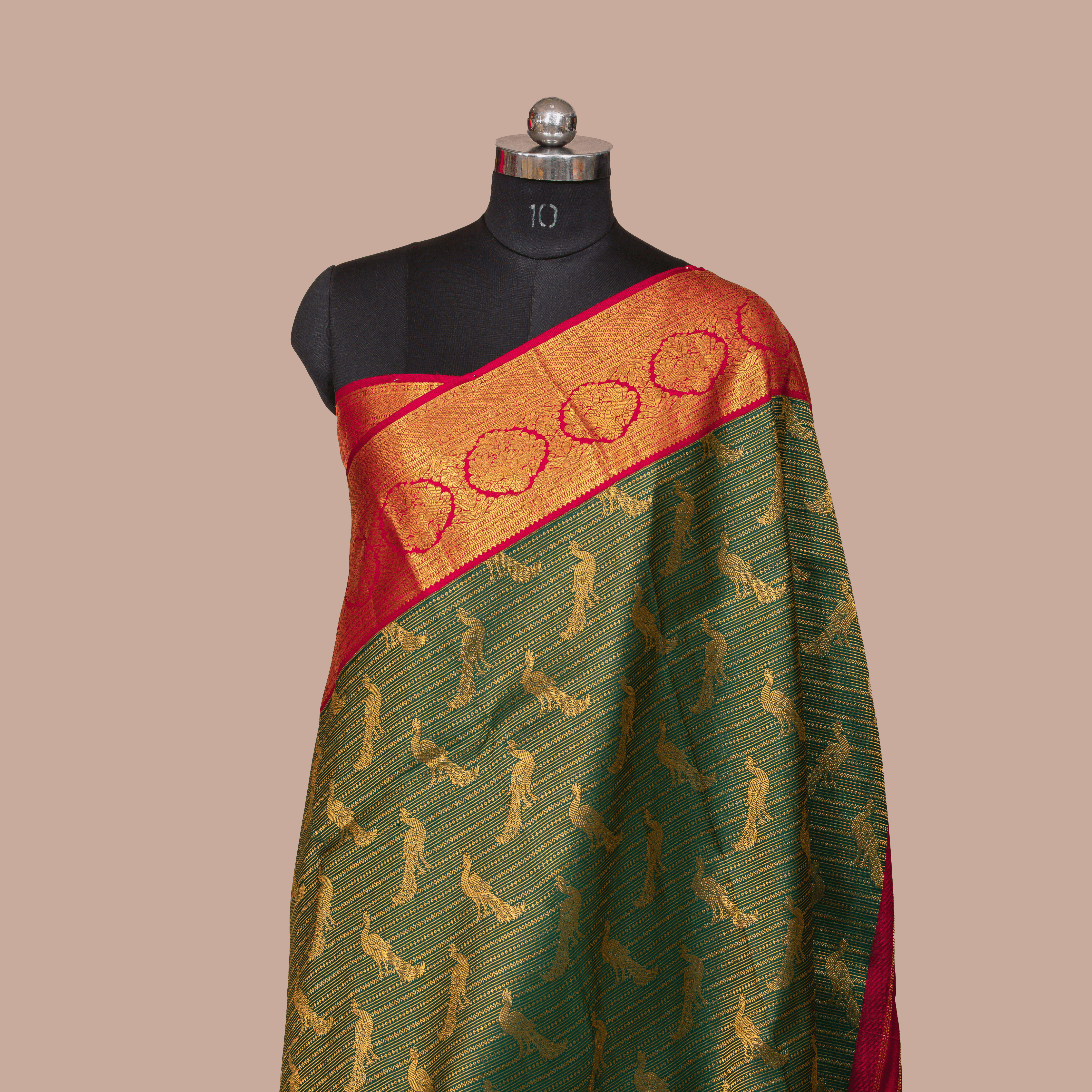 Bottle Green & Peacock Body Design & Red Long Border With Unstiched Blouse