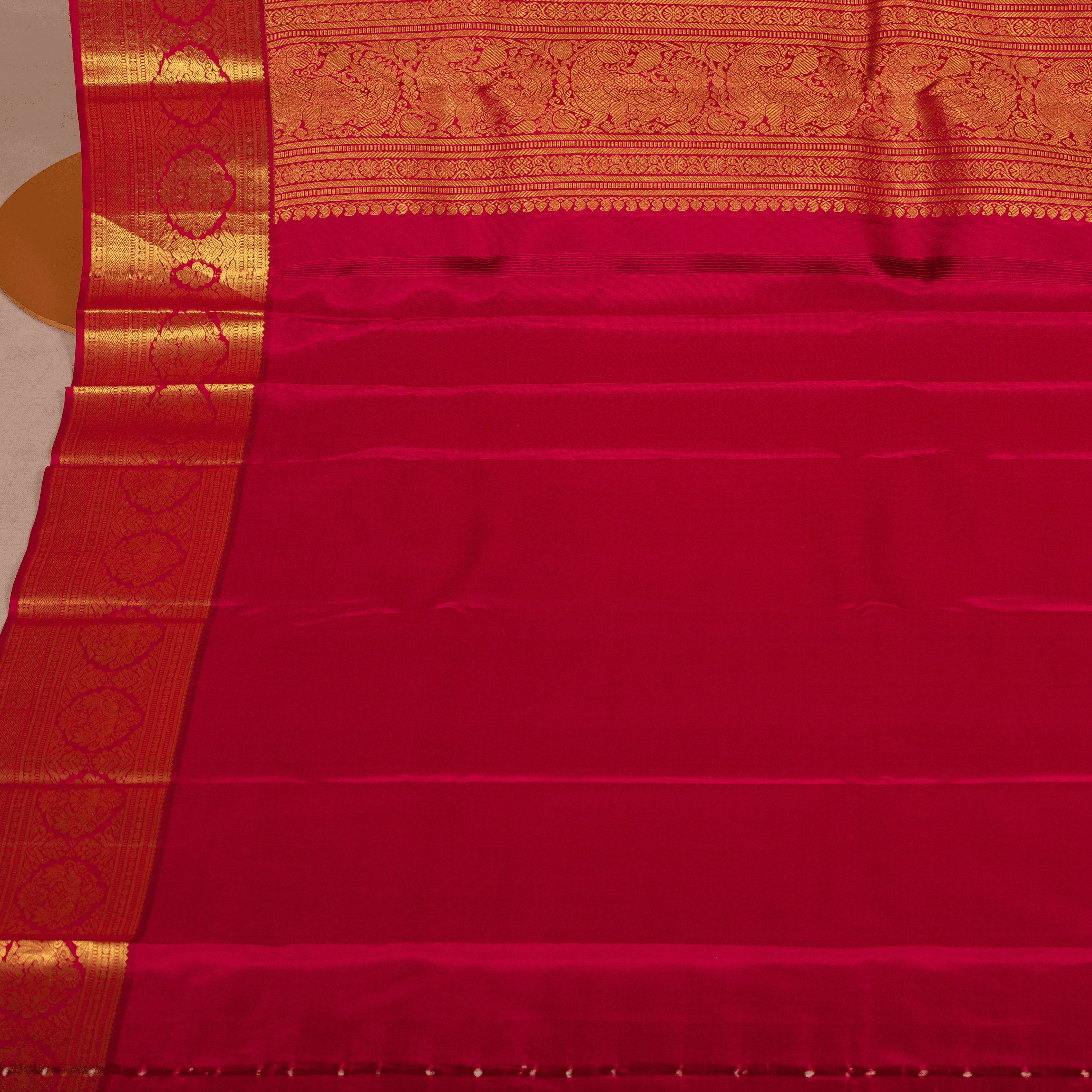 Bottle Green & Peacock Body Design & Red Long Border With Unstiched Blouse