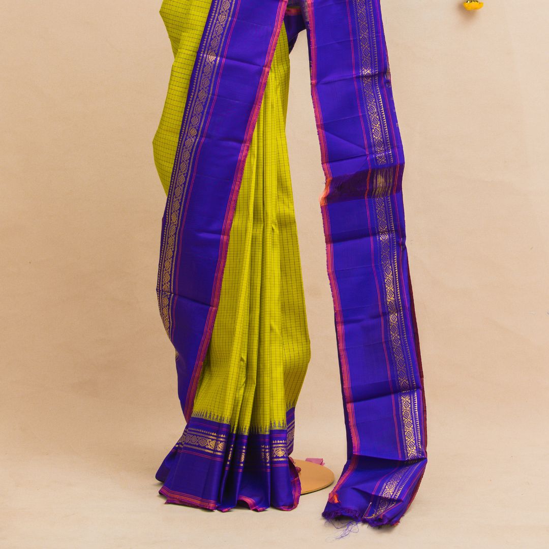 lime green with blue border with unstiched blouse