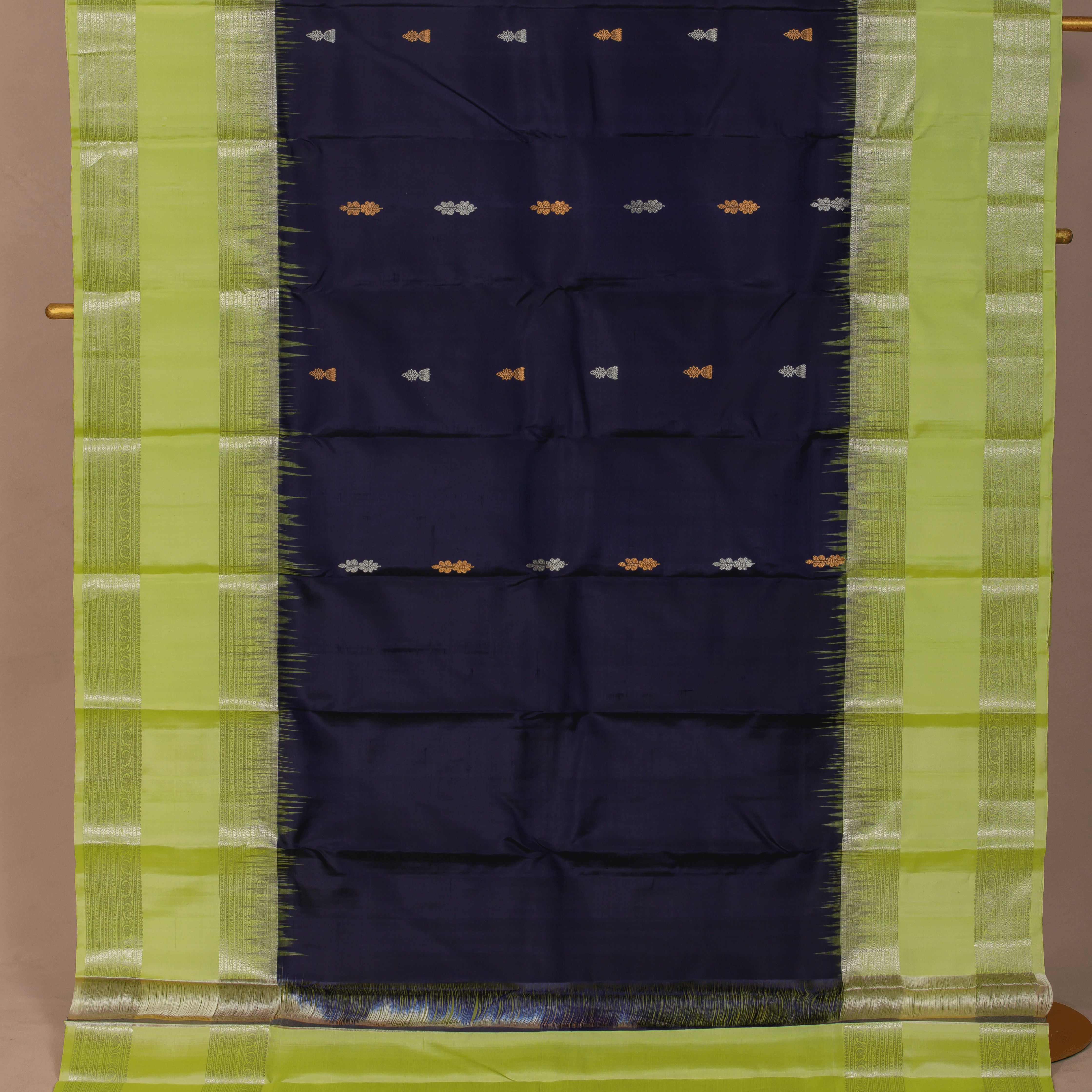 Navy Blue & Pista Green Saree with Copper-Silver Buttas