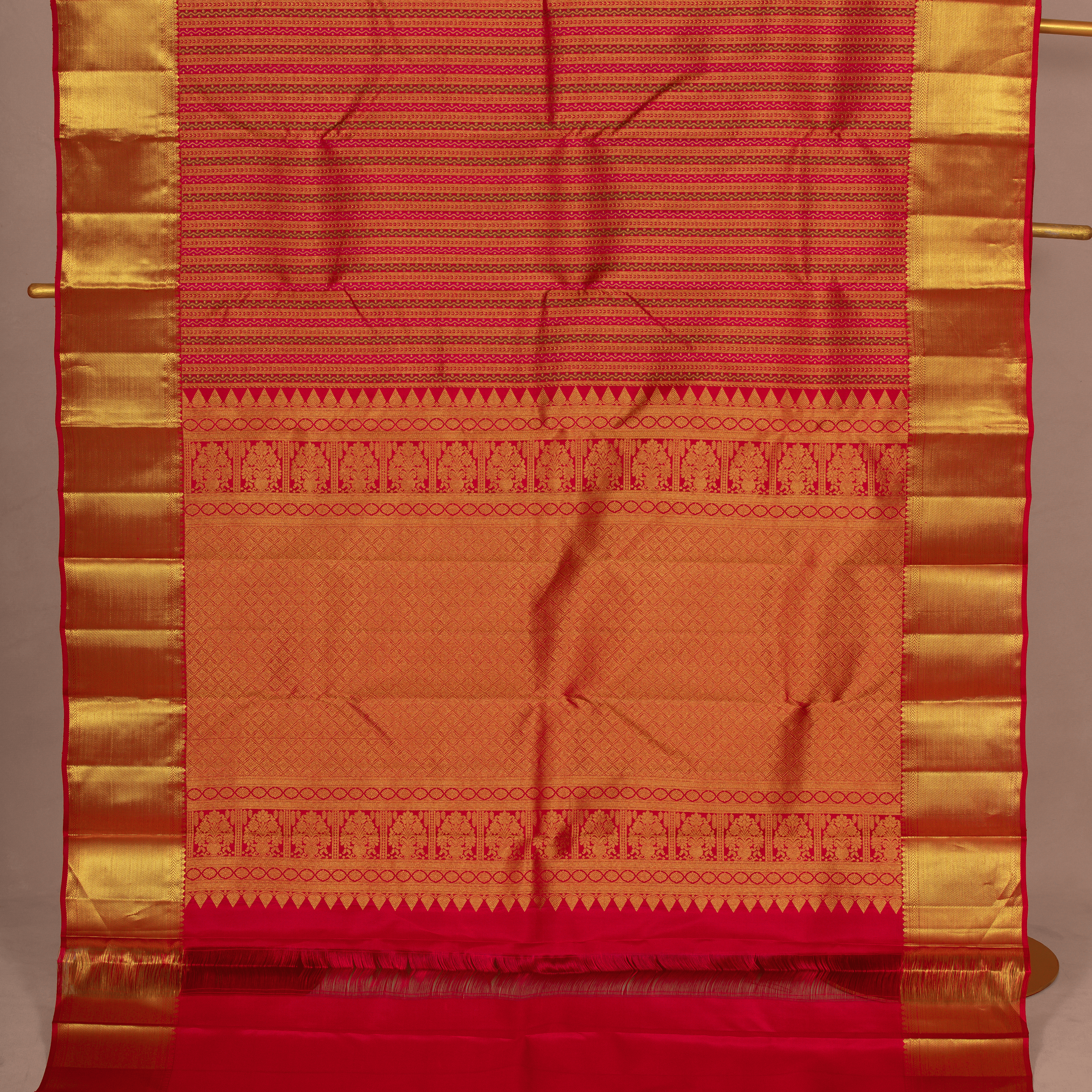 Silk Rani Pink Saree with Embossed Leaves & Vertical Motif